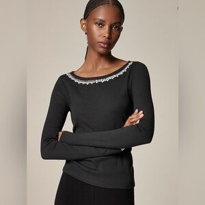 NEW J. Crew Women's Large Black Vintage Rib Boatneck Embellished T-Shirt Top